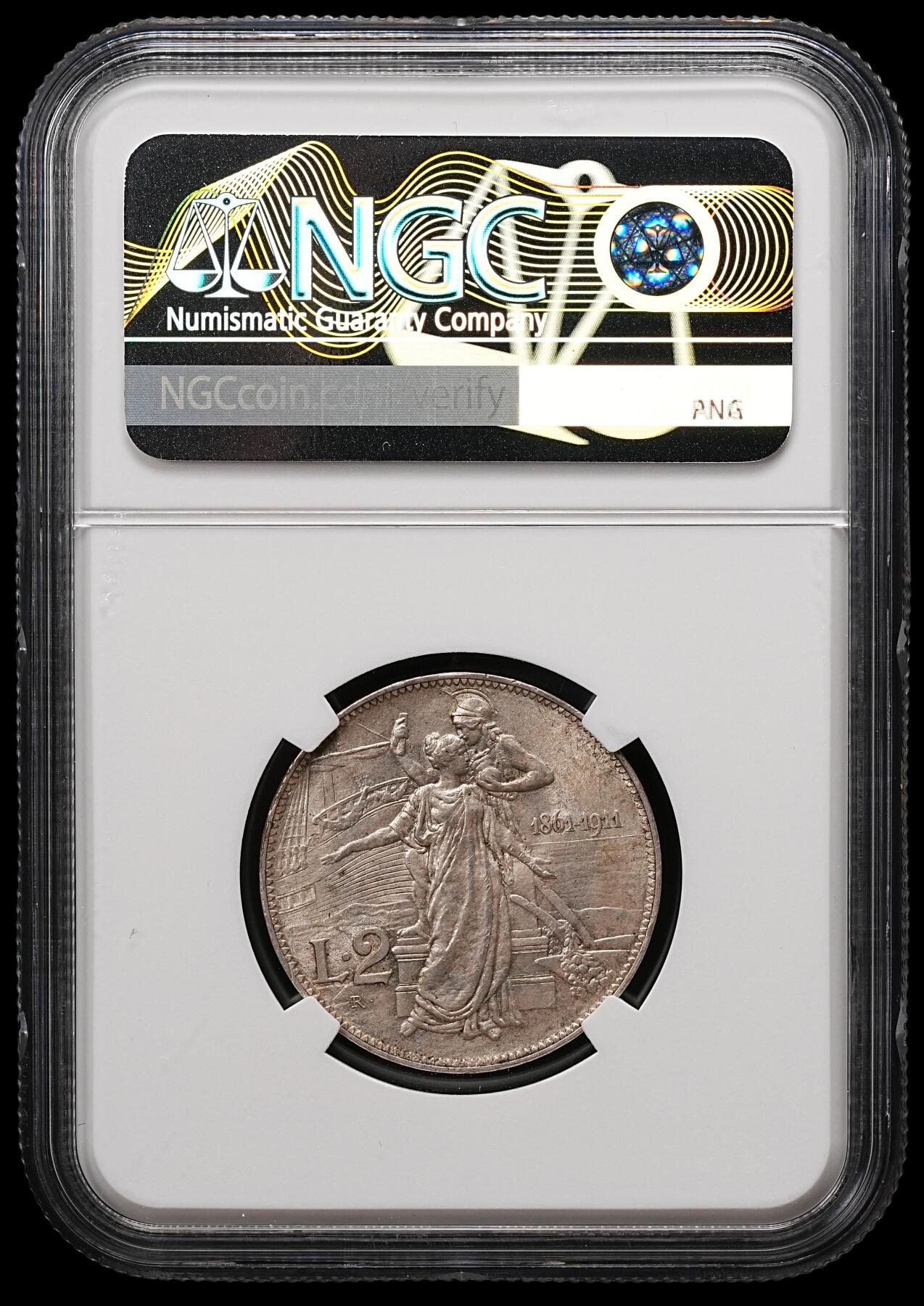 修遠堂世界钱币第111期 NGC MS64 1911年意大利建国50周年纪念2里拉银币，大名鼎鼎的托奶图案