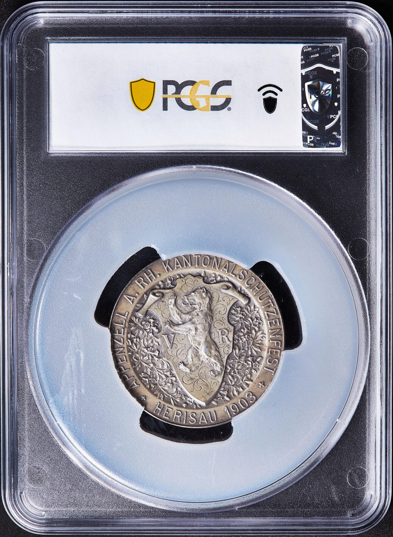 【俄甄集藏】满园春色-2026年(051)04-22星期三 晚 19:30 全场包邮 瑞士1903年纪念赫里绍射击节大银章，PCGS SP63，黄油彩老包浆，稀少品种，正面为赫尔维蒂亚女神造像，设计精美，直径：45mm