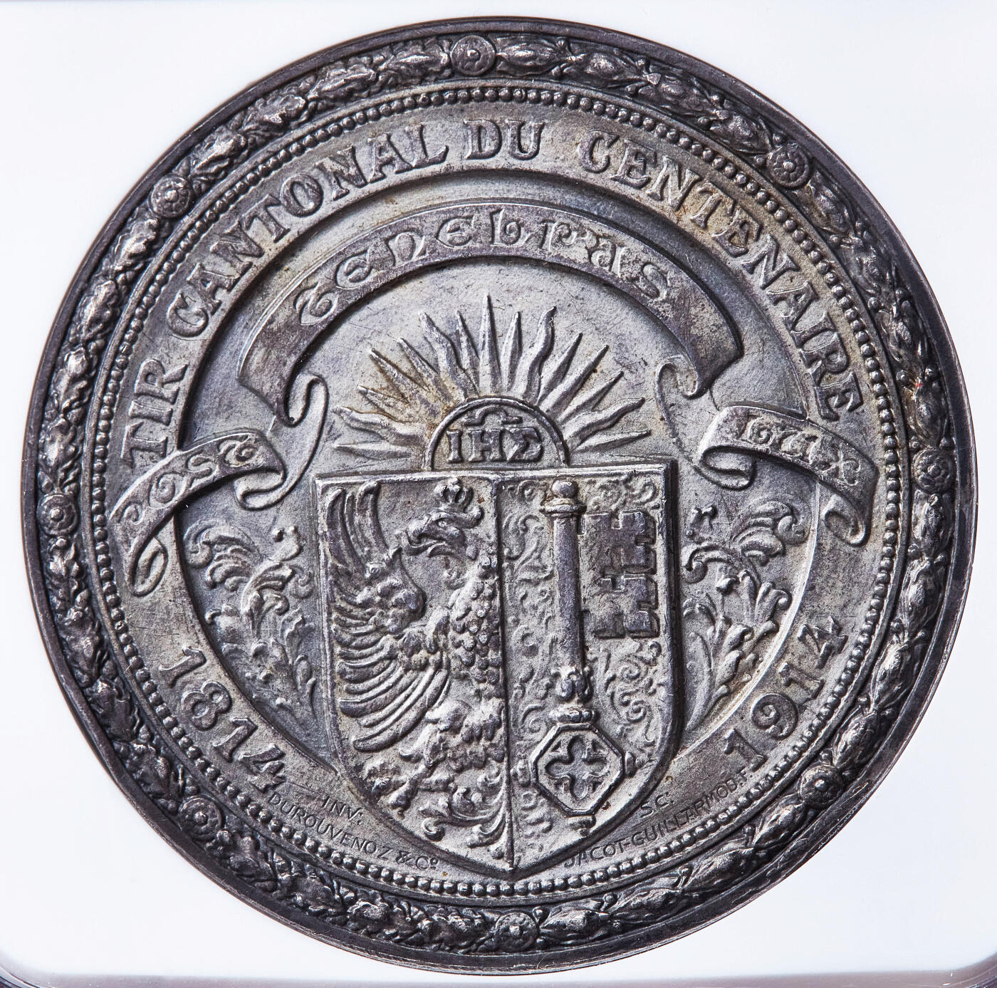 【俄甄集藏】满园春色-2026年(051)04-22星期三 晚 19:30 全场包邮 瑞士1914年日内瓦射击节百年纪念大银章，NGC MS64，酱彩包浆，高浮雕，少见品种