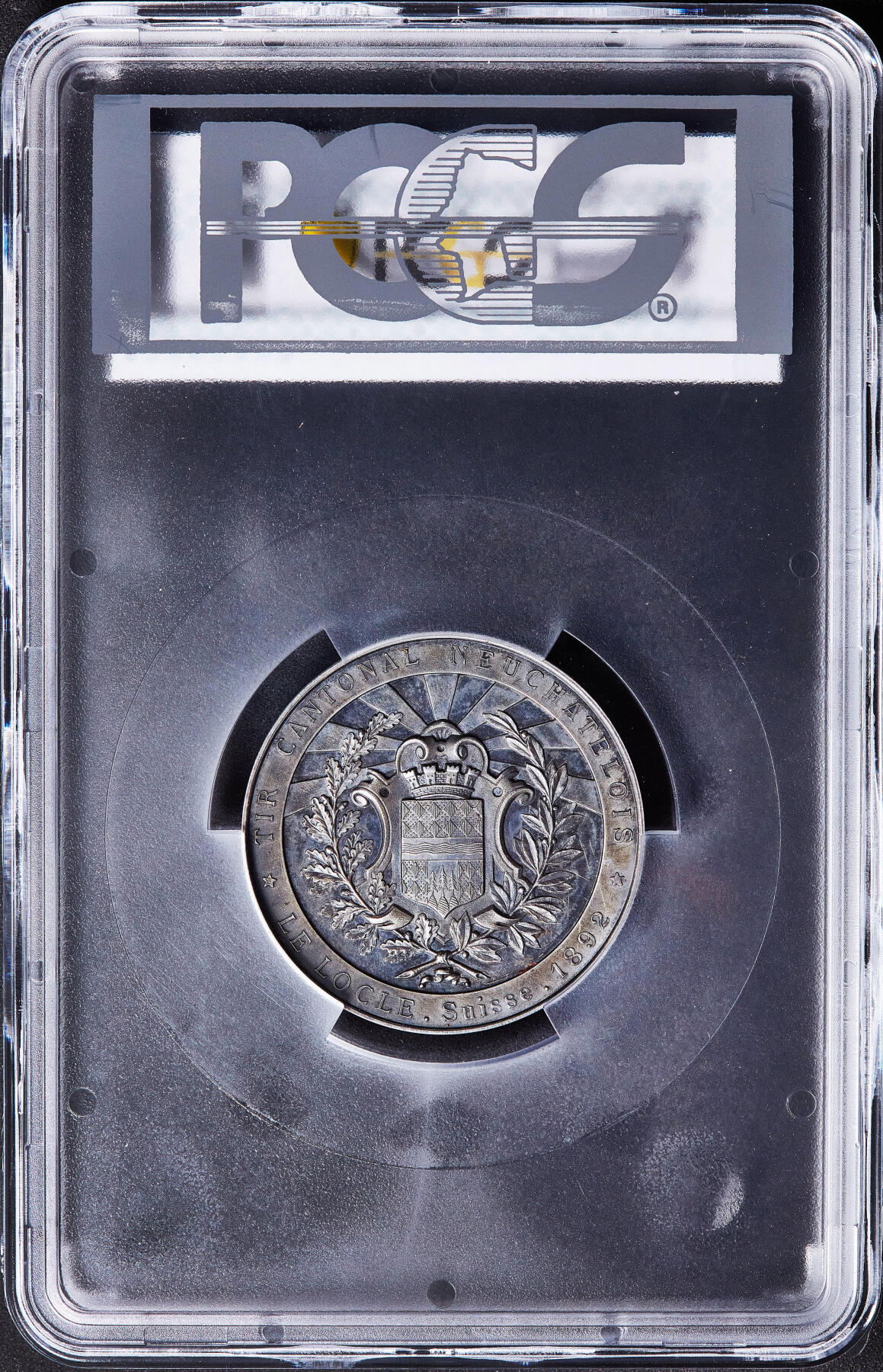 【俄甄集藏】满园春色-2026年(051)04-22星期三 晚 19:30 全场包邮 瑞士1892年纪念纳沙泰尔-勒洛克勒射击节大银章，PCGS SP63，紫罗兰酱彩包浆，高浮雕，类精制底板，稀少品种，直径：45mm