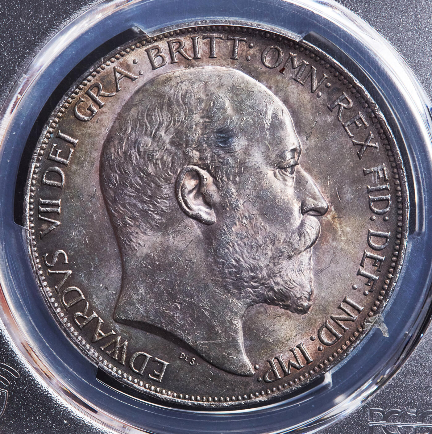 【俄甄集藏】满园春色-2026年(051)04-22星期三 晚 19:30 全场包邮 英国1902年爱德华七世马剑1克朗大银币，PCGS MS63，五彩包浆，底板凝霜，转光品相，经典品种