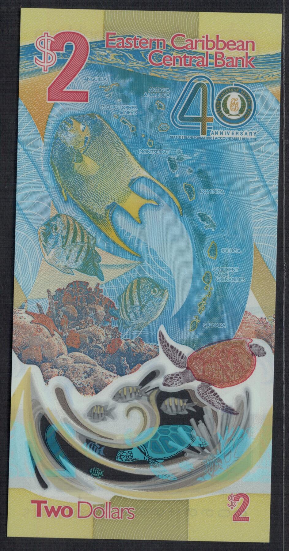 东加勒比2023年2元 塑料纪念钞 倒置号 朦胧号(无3457) 实物图 UNC