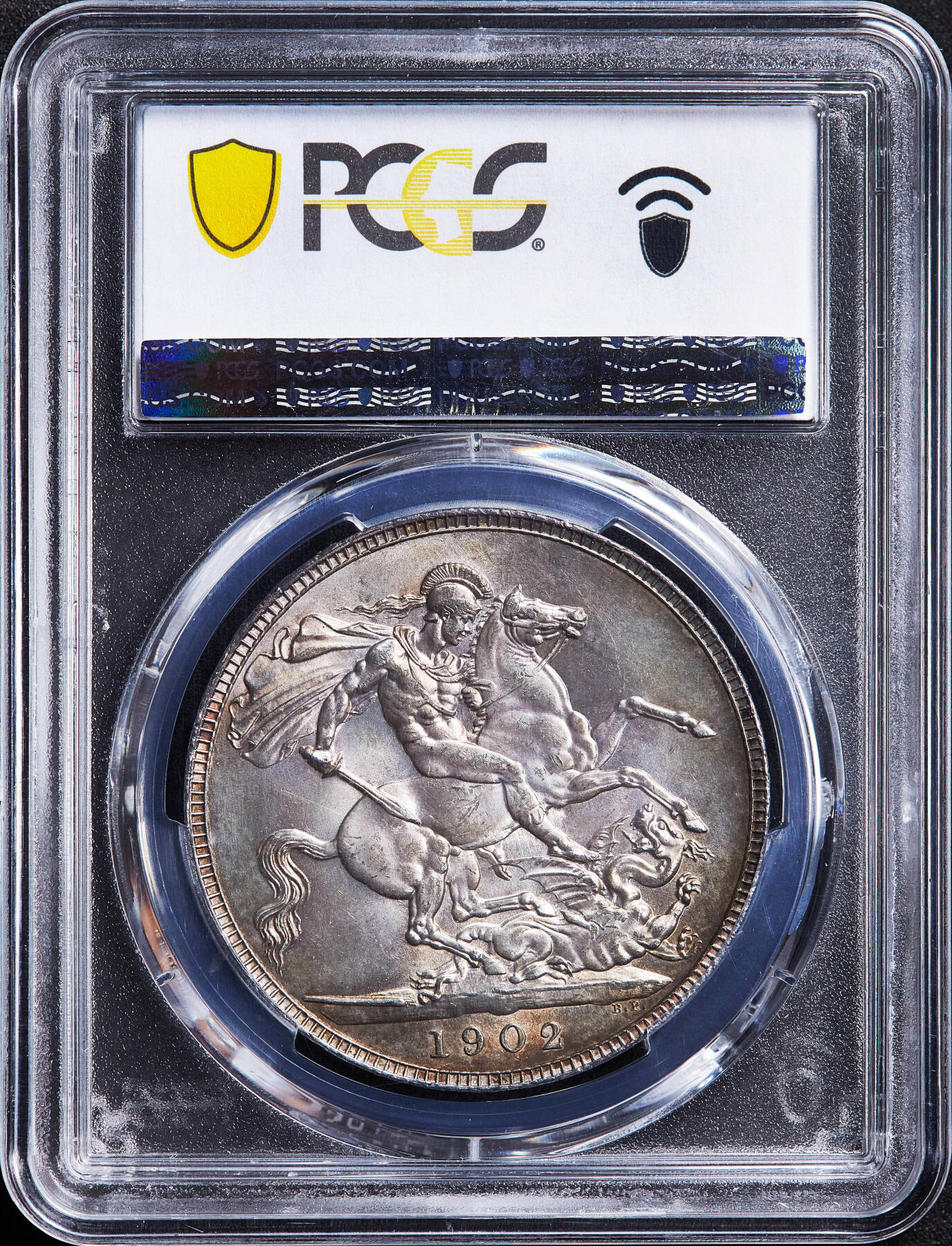 【俄甄集藏】满园春色-2026年(051)04-22星期三 晚 19:30 全场包邮 英国1902年爱德华七世马剑1克朗大银币，PCGS MS63，五彩包浆，底板凝霜，转光品相，经典品种