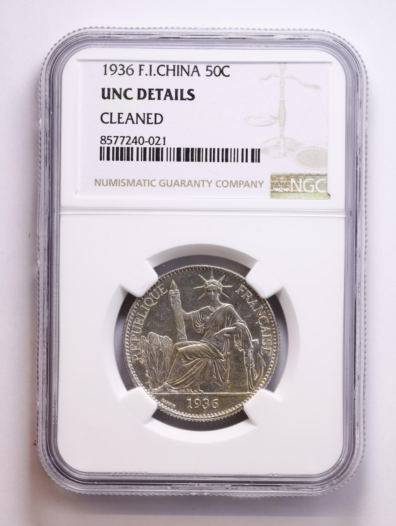 观钱 近现代机制币拍卖No.008（全场顺丰包邮，不区分偏远地区）  1936 年 法属印度支那 50 分银币（坐洋） NGC UNC Details 1936 年的 50 分银币是法属东南亚的官方主币，也是近代 “贸易银元” 体系中的重要成员