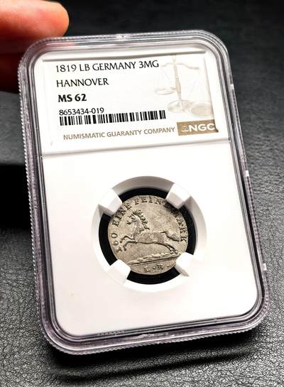凡希社世界钱币微拍第三百二十二期 - 1819德国汉诺威飞马3MG银辅币NGC-MS62