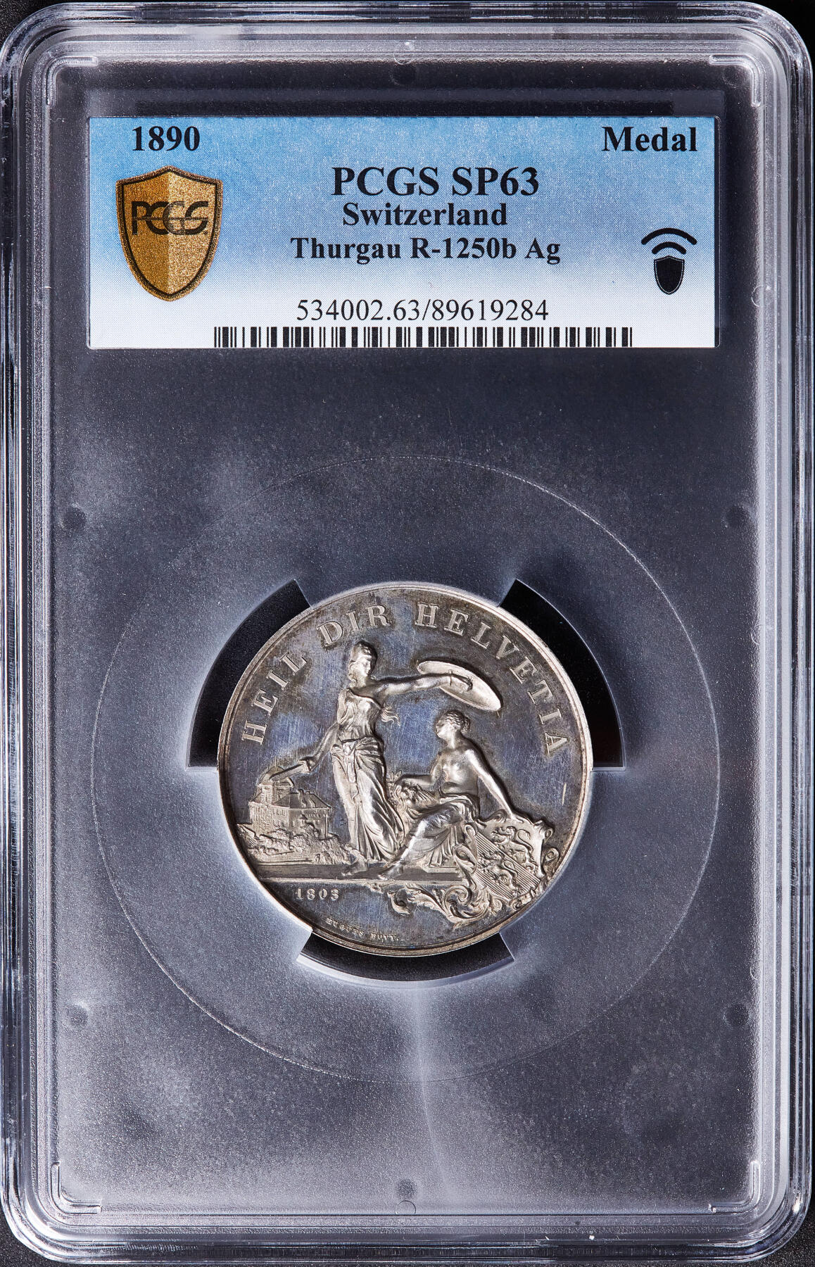 【俄甄集藏】满园春色-2026年(051)04-22星期三 晚 19:30 全场包邮 瑞士1890年纪念图尔高射击节大银章，PCGS SP63，黄油彩包浆，高浮雕，类精制底板，经典品种，直径：45mm