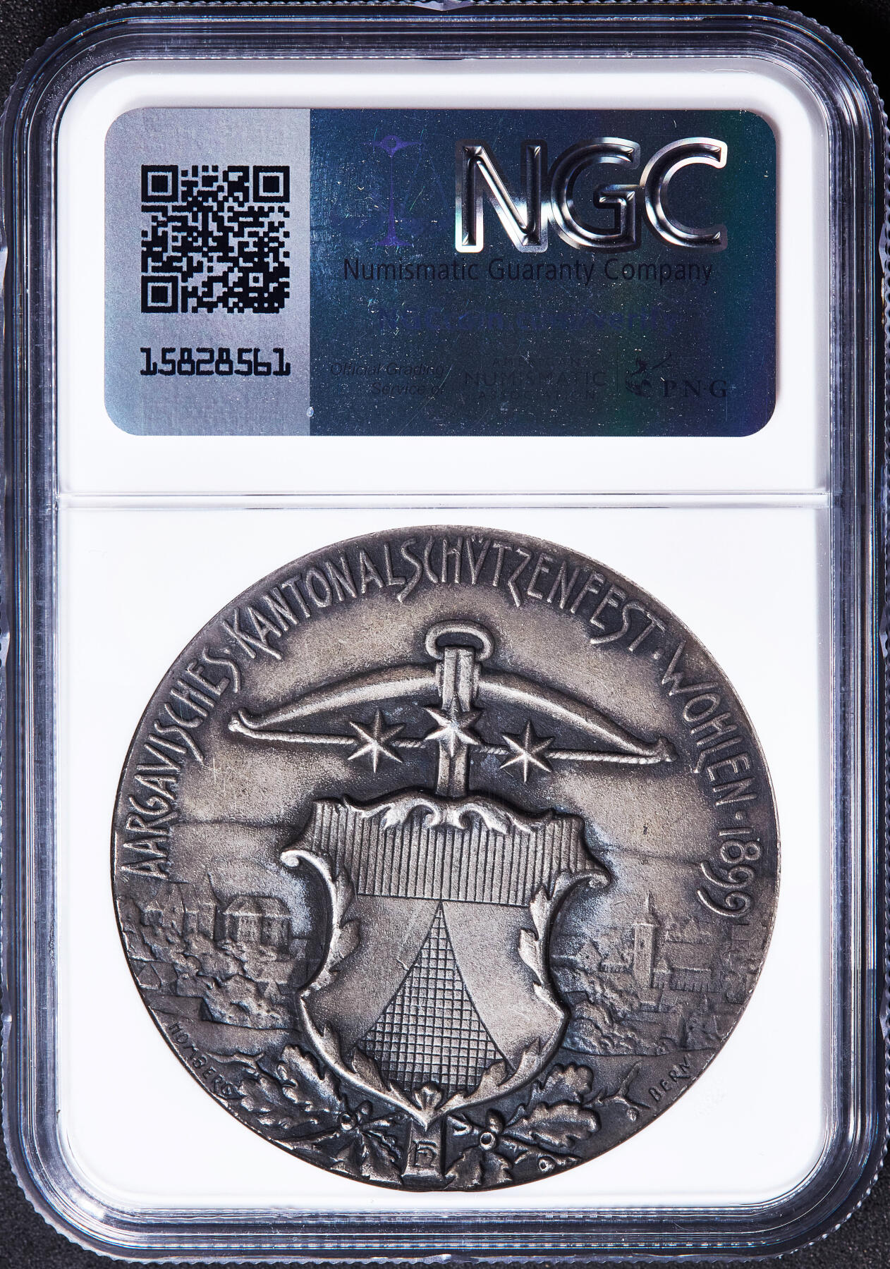 【俄甄集藏】满园春色-2026年(051)04-22星期三 晚 19:30 全场包邮 瑞士1899年纪念阿尔高-沃伦射击节大银章，NGC MS63，酱彩包浆，高浮雕，纺织妇女设计经典，少见品种