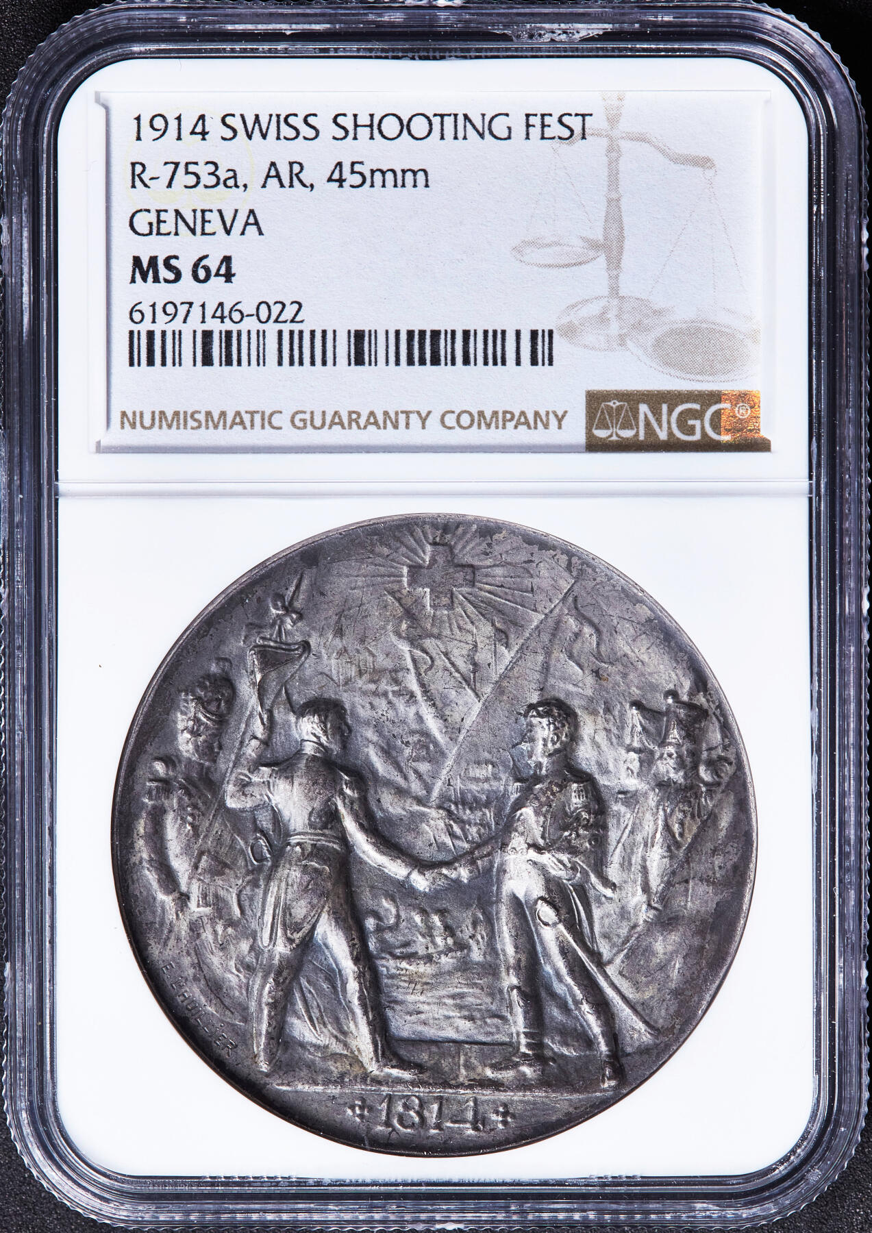 【俄甄集藏】满园春色-2026年(051)04-22星期三 晚 19:30 全场包邮 瑞士1914年日内瓦射击节百年纪念大银章，NGC MS64，酱彩包浆，高浮雕，少见品种