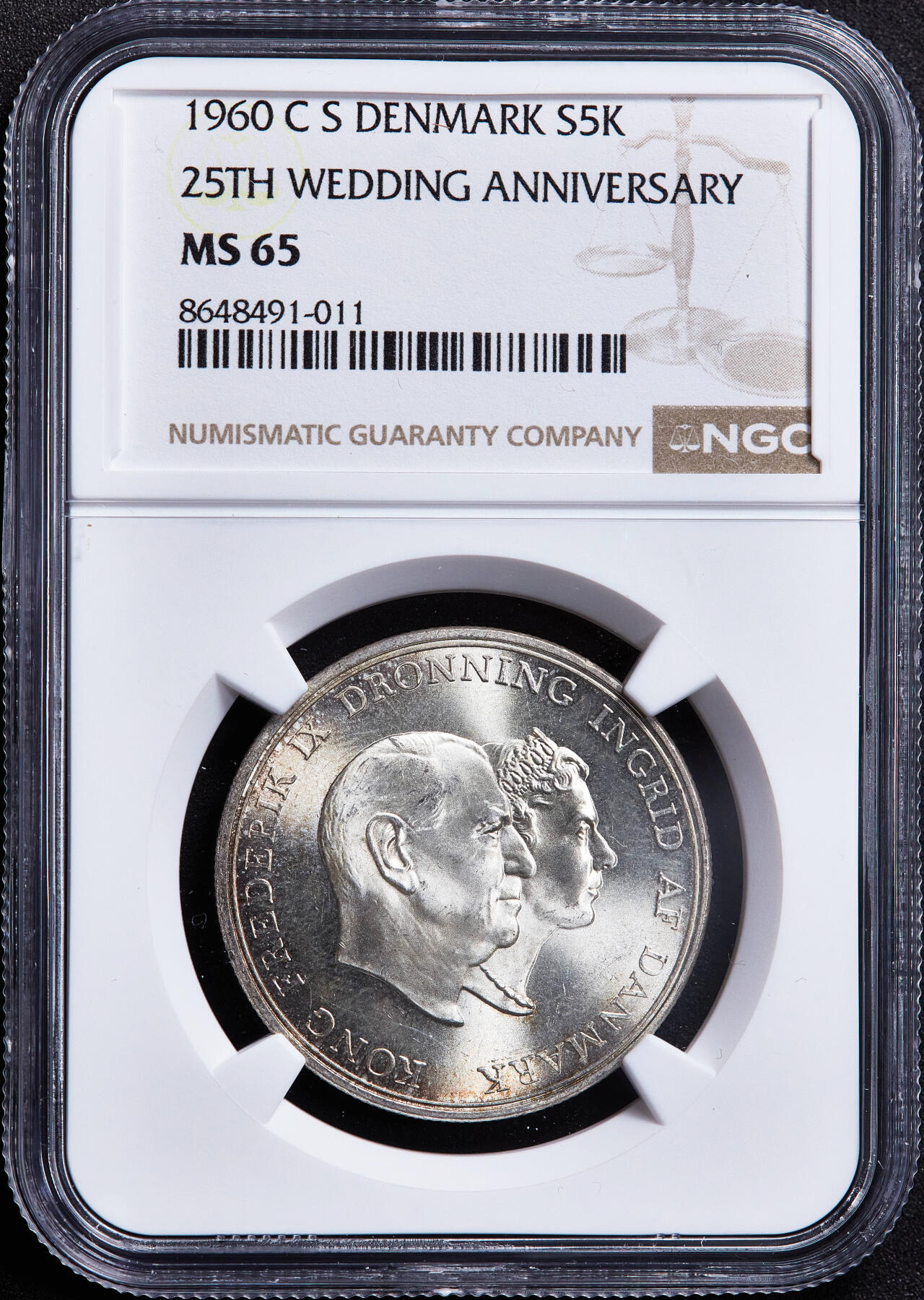 【俄甄集藏】满园春色-2026年(051)04-22星期三 晚 19:30 全场包邮 丹麦1960年弗雷德里克九世CS版银婚纪念5克朗银币，NGC MS65，重17克，80%银，黄油环彩，顶级转光