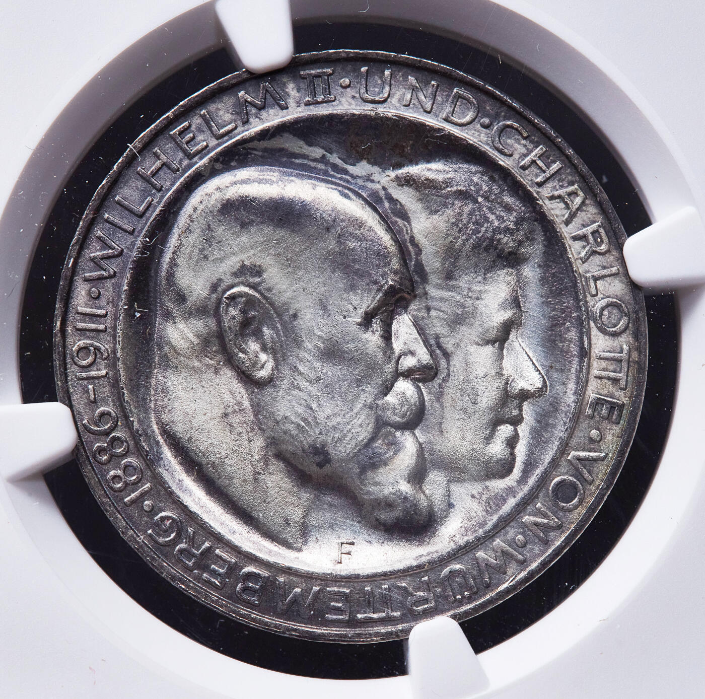 【俄甄集藏】满园春色-2026年(051)04-22星期三 晚 19:30 全场包邮 德国符腾堡1911年F版国王威廉二世银婚纪念3马克银币，NGC MS61，酱彩包浆，类精制底板，转光品相