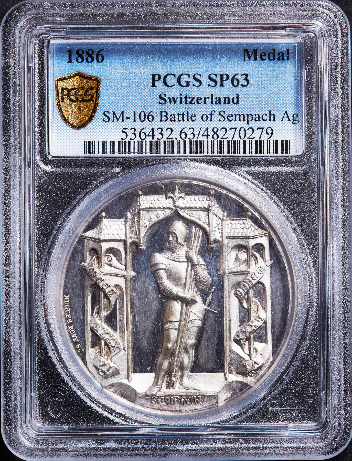 【俄甄集藏】满园春色-2026年(051)04-22星期三 晚 19:30 全场包邮 瑞士1886年纪念森帕赫战役600周年大银章，PCGS SP63，高浮雕，类精制底板，凝霜感强烈，经典品种