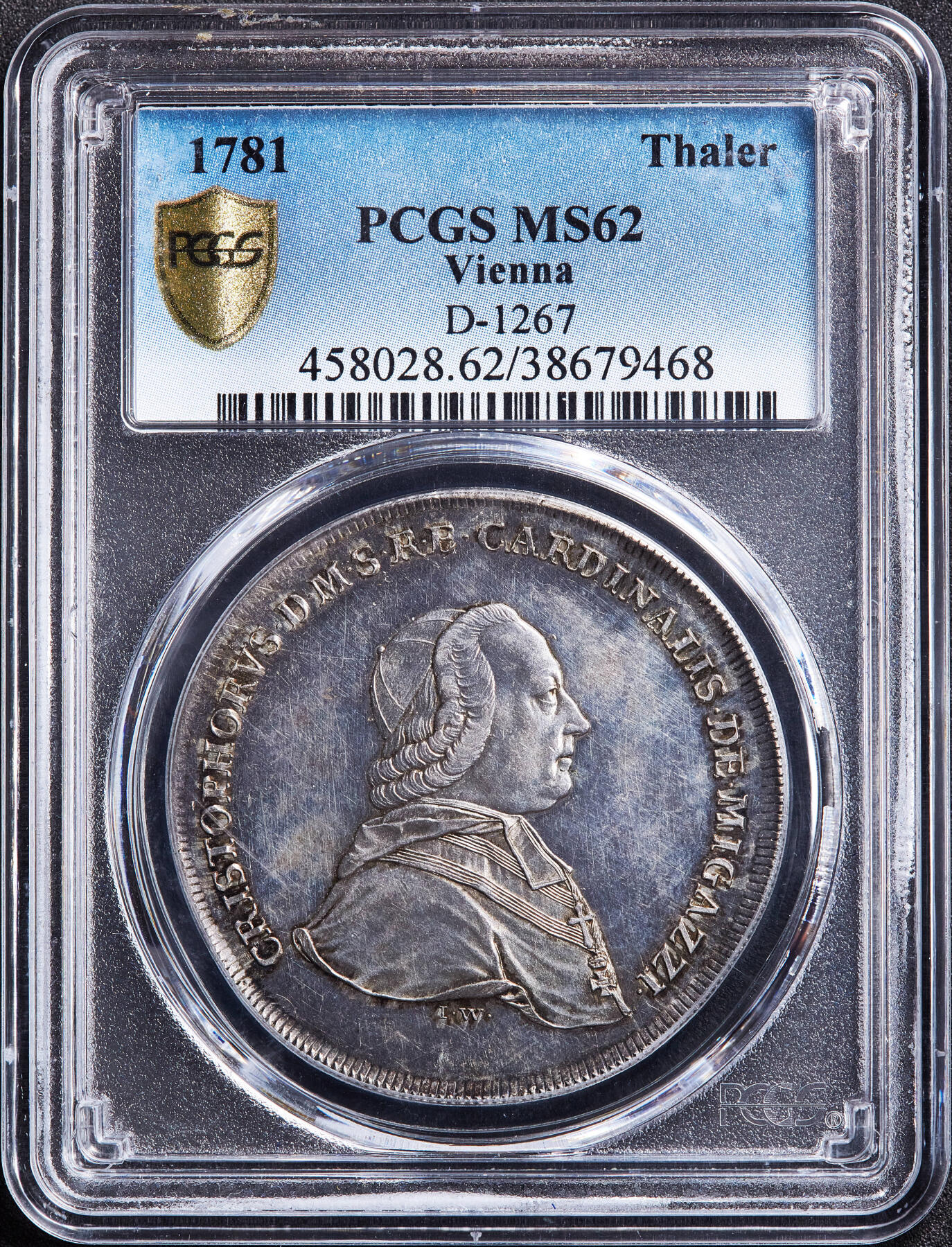 【俄甄集藏】满园春色-2026年(051)04-22星期三 晚 19:30 全场包邮 神圣罗马帝国-奥地利维也纳主教区1781年克里斯托夫·安东·冯·米加齐大主教1泰勒大银币，PCGS MS62，酱彩包浆，底板凝霜，发行量只有2000枚，稀少品种