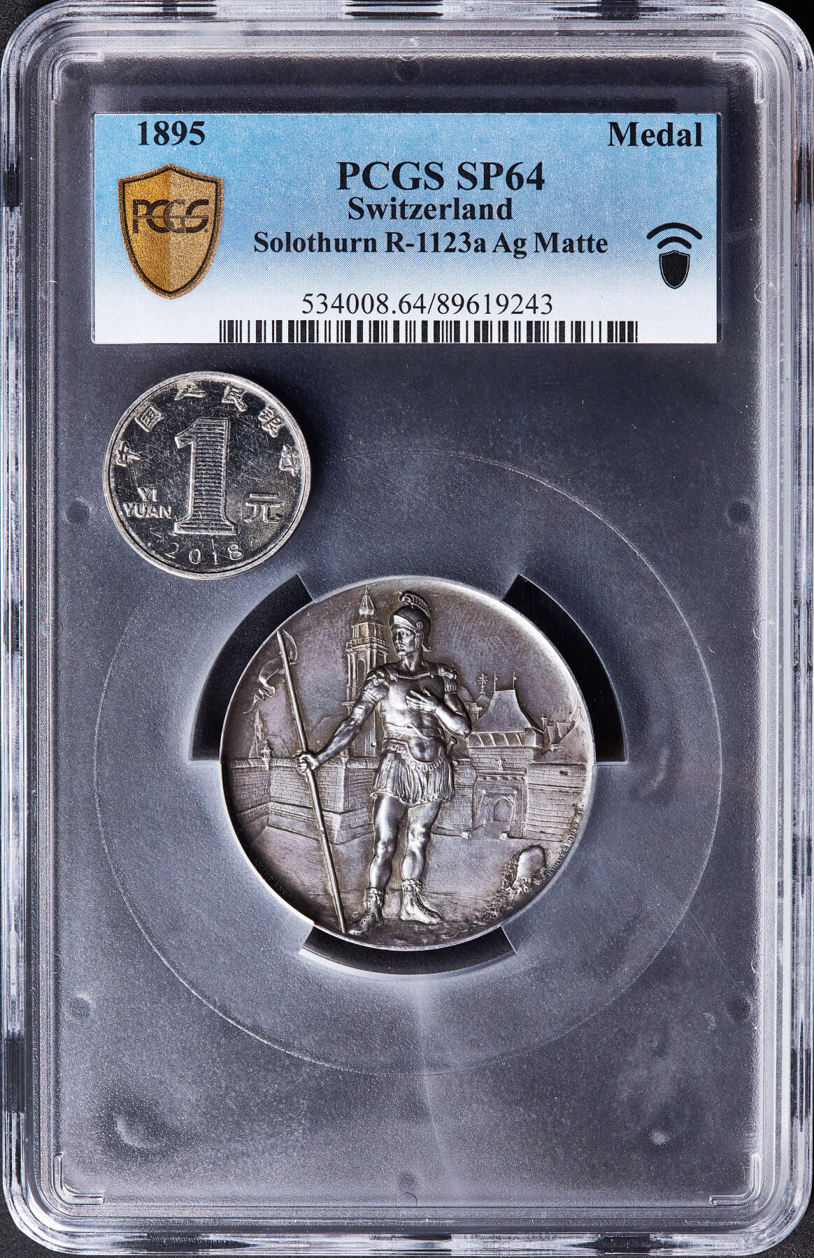 【俄甄集藏】满园春色-2026年(051)04-22星期三 晚 19:30 全场包邮 瑞士1895年纪念索洛图恩射击节大银章，PCGS SP64，黄油酱彩包浆，高浮雕，类精制底板，设计精美，少见品种，直径：45mm