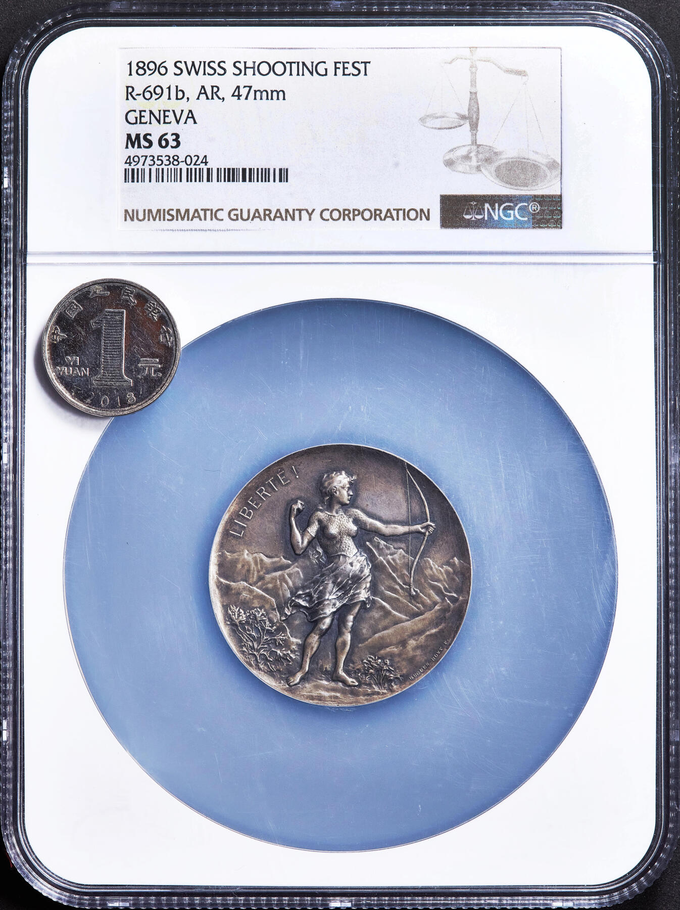 【俄甄集藏】满园春色-2026年(051)04-22星期三 晚 19:30 全场包邮 瑞士1896年纪念日内瓦射击节虎妞射箭大银章，NGC MS63，酱彩老包浆，高浮雕，名誉品种，直径：47mm
