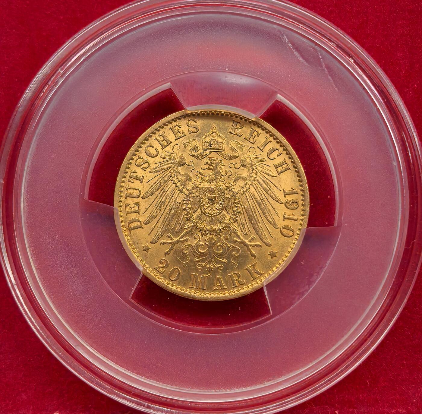 凡希社世界钱币微拍第三百二十二期 1910德国威廉二世20马克金币AU近未品