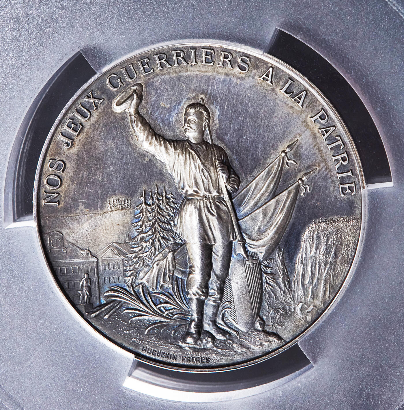 【俄甄集藏】满园春色-2026年(051)04-22星期三 晚 19:30 全场包邮 瑞士1892年纪念纳沙泰尔-勒洛克勒射击节大银章，PCGS SP63，紫罗兰酱彩包浆，高浮雕，类精制底板，稀少品种，直径：45mm