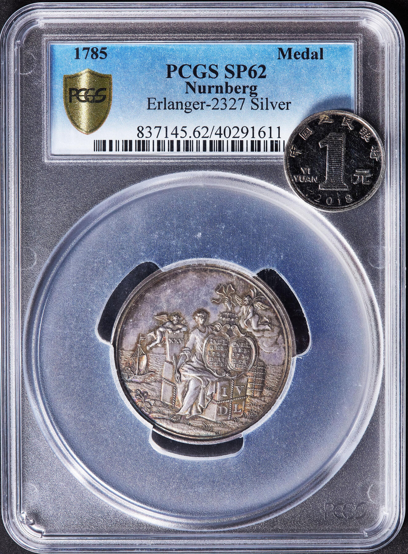 【俄甄集藏】满园春色-2026年(051)04-22星期三 晚 19:30 全场包邮 神圣罗马帝国-德国纽伦堡1785年纪念冯·德·莱恩家族银婚纪念大银章，PGCS SP62，黄油酱彩老包浆，设计精美，4杜卡特币型，唯一评级记录，稀有品种，直径：45mm