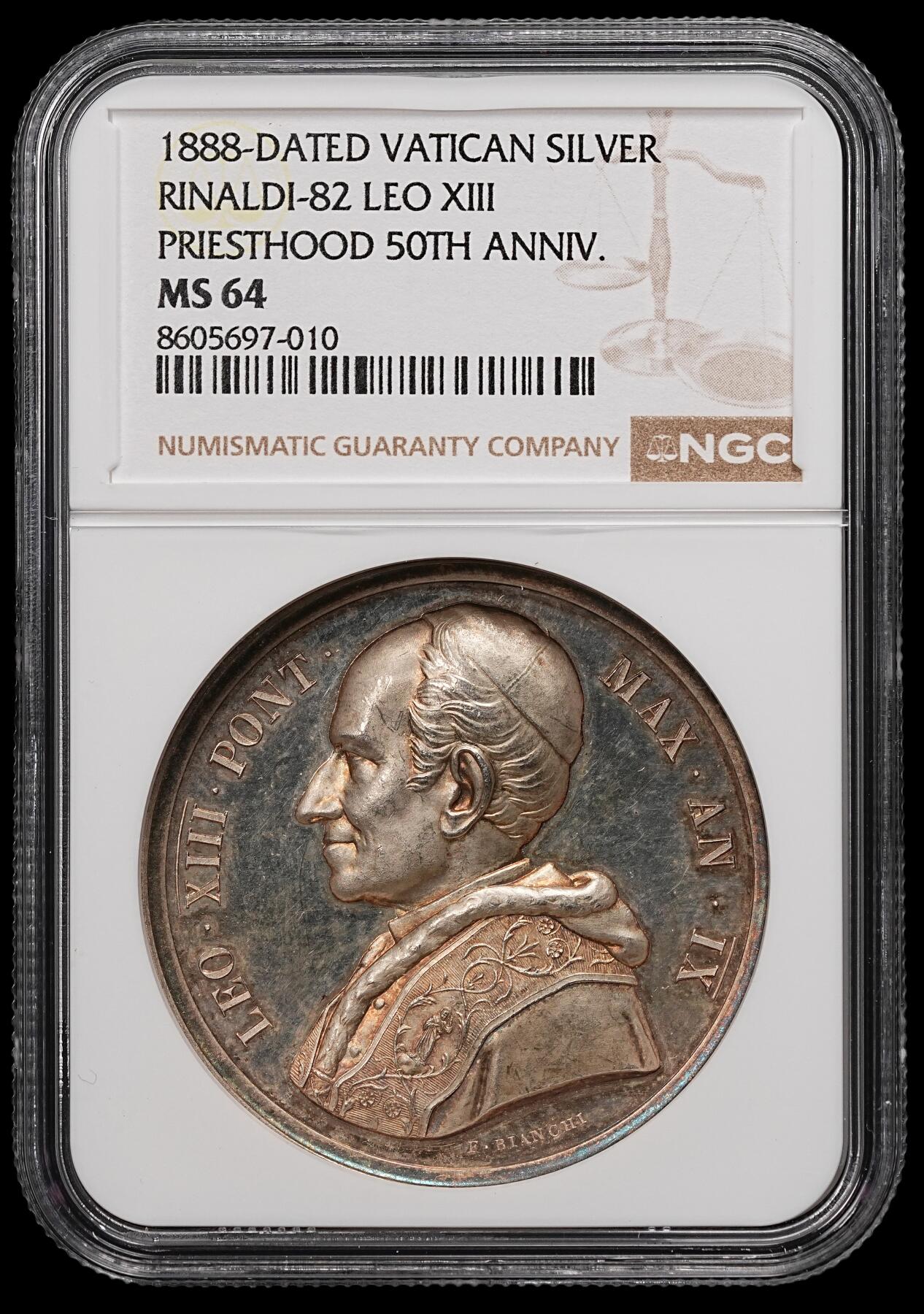 修遠堂世界钱币第111期 NGC MS64 1888 年梵蒂冈利奥十三世晋铎 50 周年纪念银章