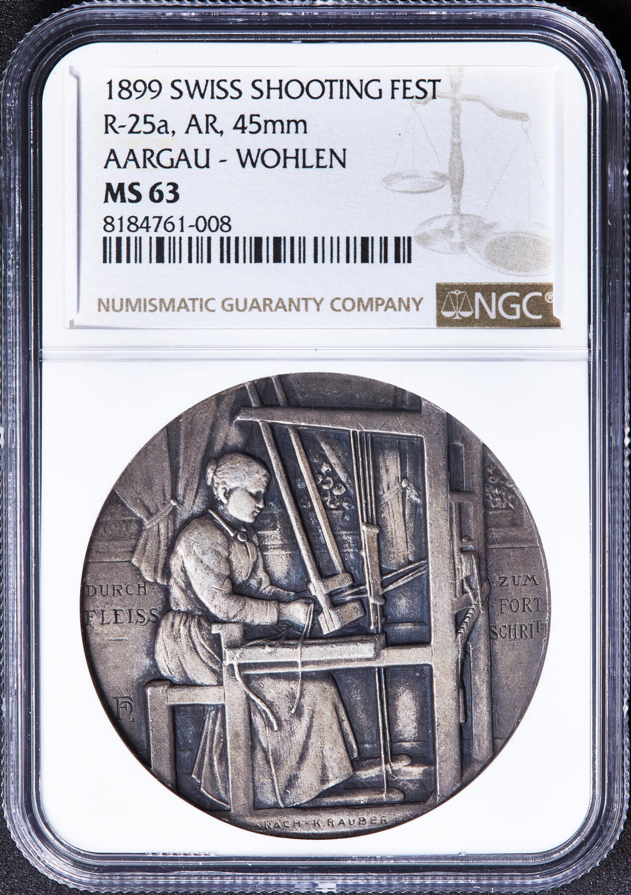 【俄甄集藏】满园春色-2026年(051)04-22星期三 晚 19:30 全场包邮 瑞士1899年纪念阿尔高-沃伦射击节大银章，NGC MS63，酱彩包浆，高浮雕，纺织妇女设计经典，少见品种