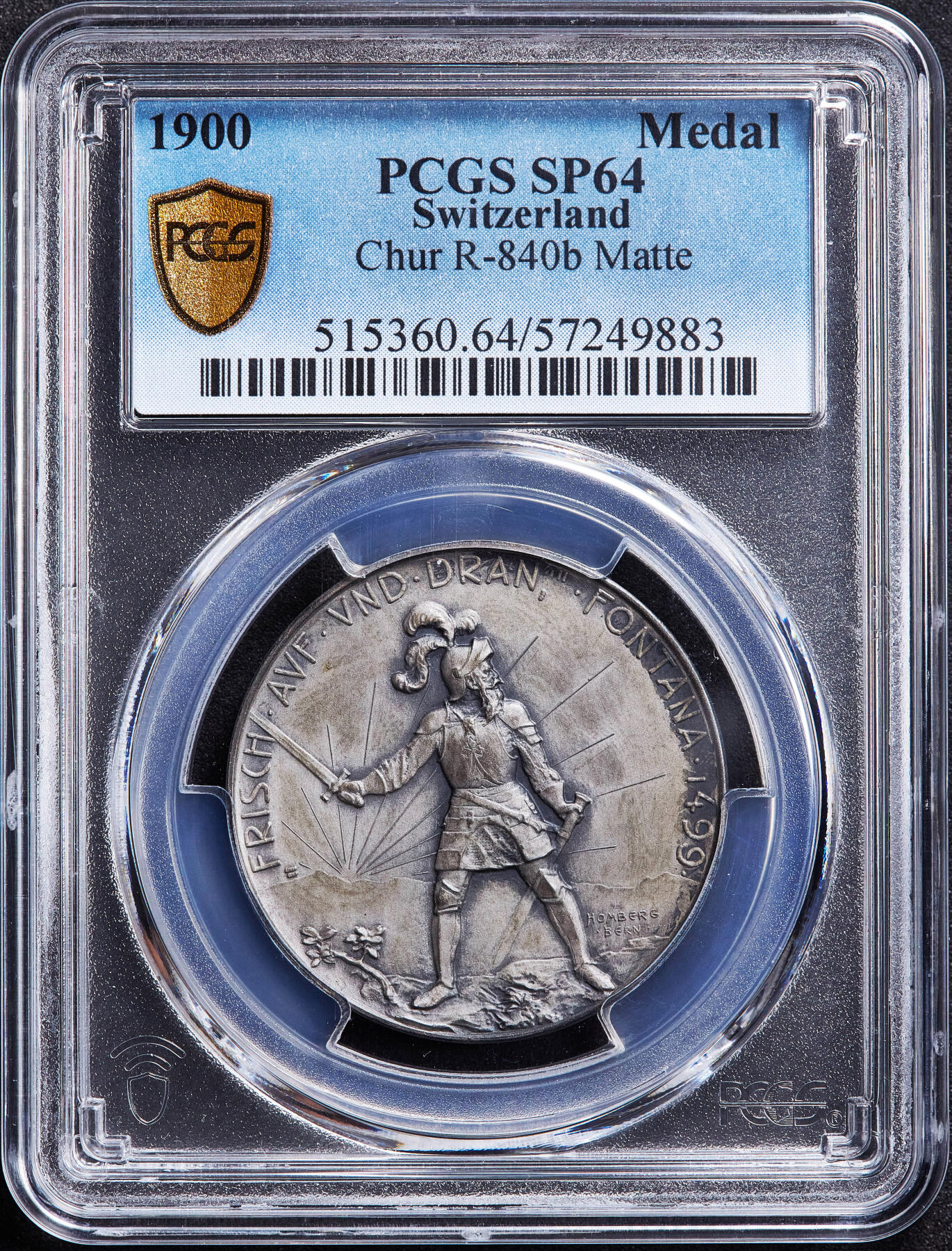 【俄甄集藏】满园春色-2026年(051)04-22星期三 晚 19:30 全场包邮 瑞士1900年纪念格劳宾登射击节银章，PCGS SP64，黄油彩磨砂底板，高浮雕，史诗英雄德兰·冯塔纳造像，季军