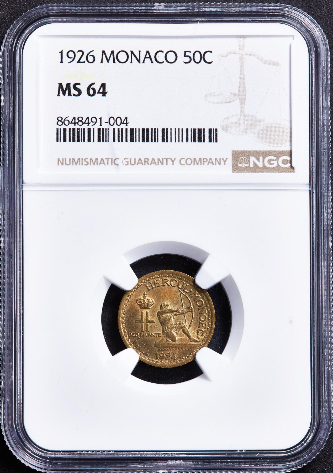 【俄甄集藏】满园春色-2026年(051)04-22星期三 晚 19:30 全场包邮 摩纳哥1924年50分铜币，NGC MS64，转光品相，总筋年份，标签错误