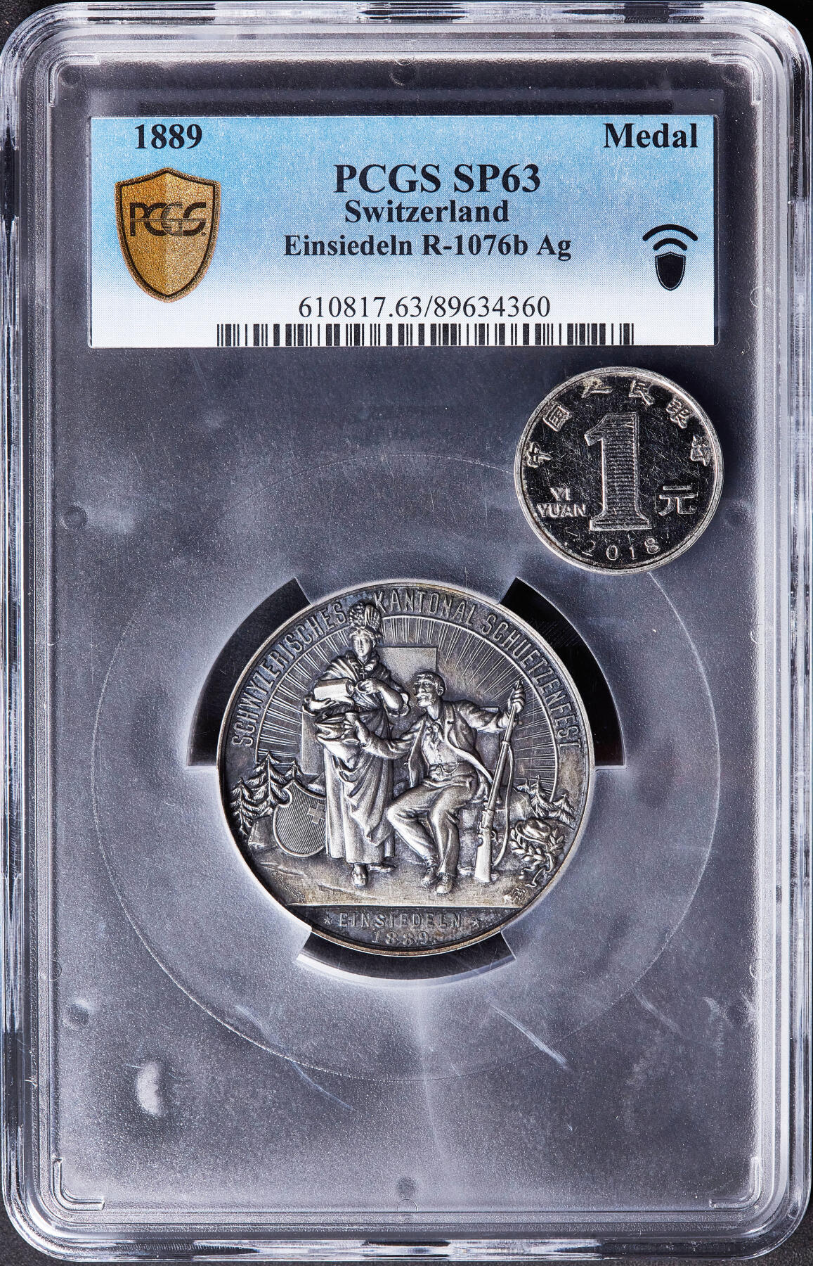 【俄甄集藏】满园春色-2026年(051)04-22星期三 晚 19:30 全场包邮 瑞士1889年纪念艾恩西德尔恩射击节大银章，PCGS SP63，酱彩老包浆，少见品种，亚军分，直径：45mm