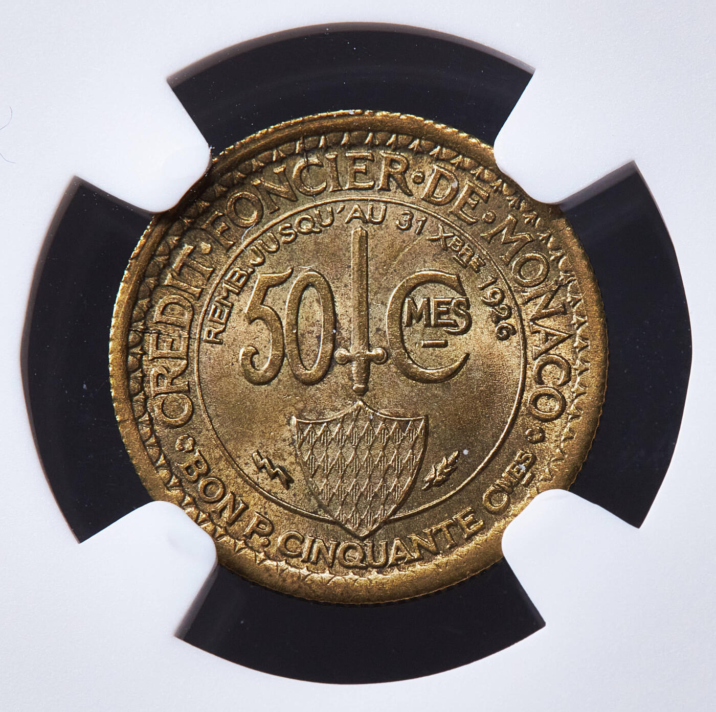 【俄甄集藏】满园春色-2026年(051)04-22星期三 晚 19:30 全场包邮 摩纳哥1924年50分铜币，NGC MS64，转光品相，总筋年份，标签错误