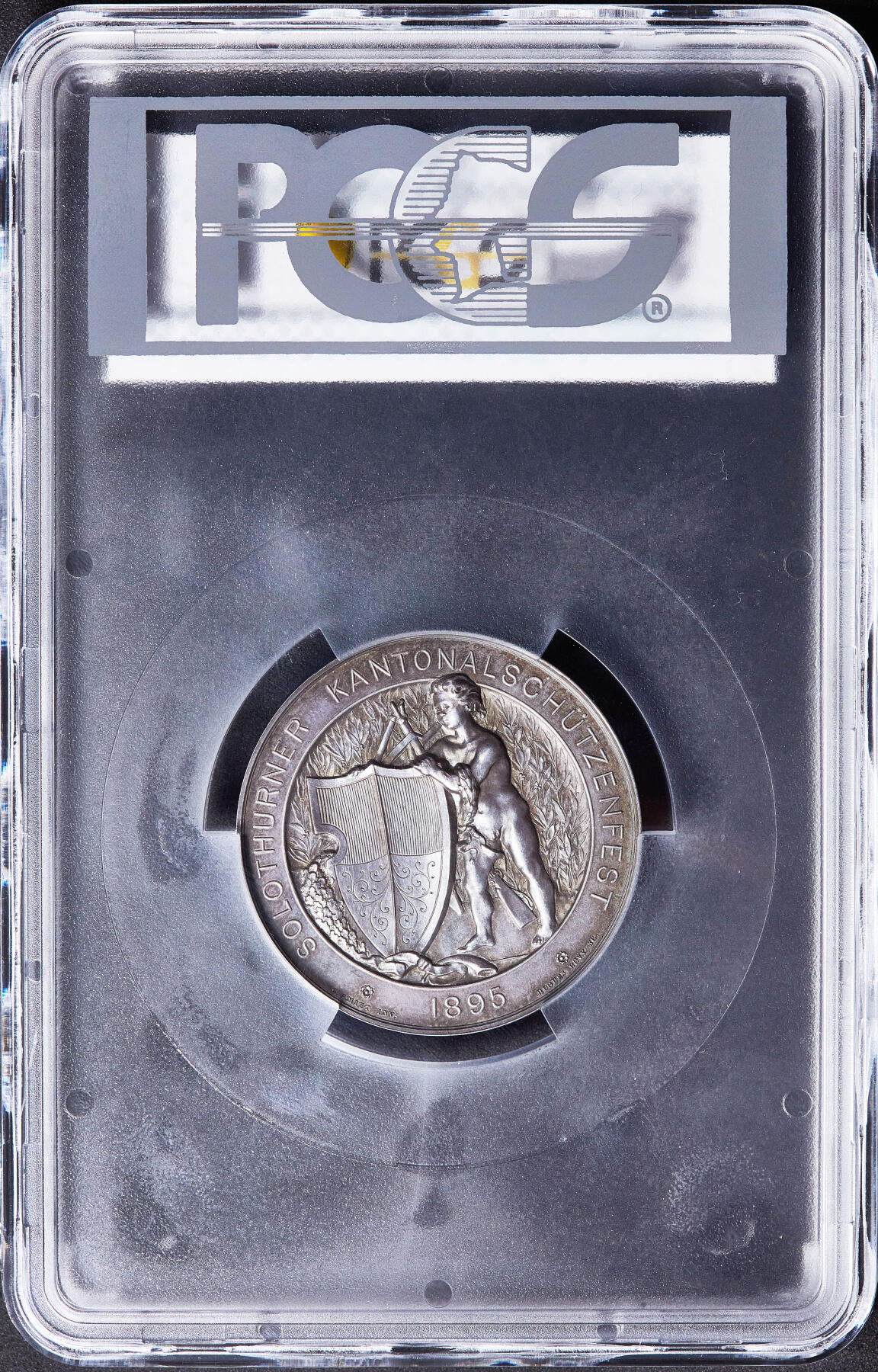 【俄甄集藏】满园春色-2026年(051)04-22星期三 晚 19:30 全场包邮 瑞士1895年纪念索洛图恩射击节大银章，PCGS SP64，黄油酱彩包浆，高浮雕，类精制底板，设计精美，少见品种，直径：45mm