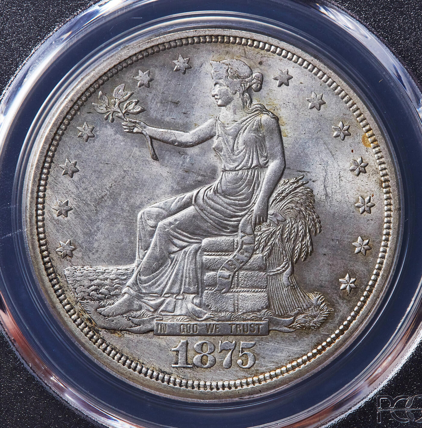 【俄甄集藏】满园春色-2026年(051)04-22星期三 晚 19:30 全场包邮 美国1875年S版拿花1美元大银币，PCGS UNCD，转光品相，名誉品种