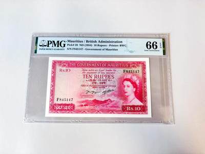 【Blue Auction】世界纸币精拍第808期——18级TOP拍卖/信誉/品质/专业/高效💫 - 【仅1张更高分 珍品】毛里求斯 1954年10卢比 次高值 PMG66EPQ 高分少见 BWC出品 大冠女王 设计经典 让人爱不释手的一张 女王纸币藏家必收品种