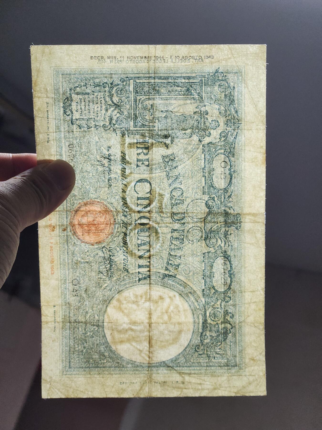 4月11号晚上8点 中外纸币自动截拍第55场 意大利1943年50原票美品