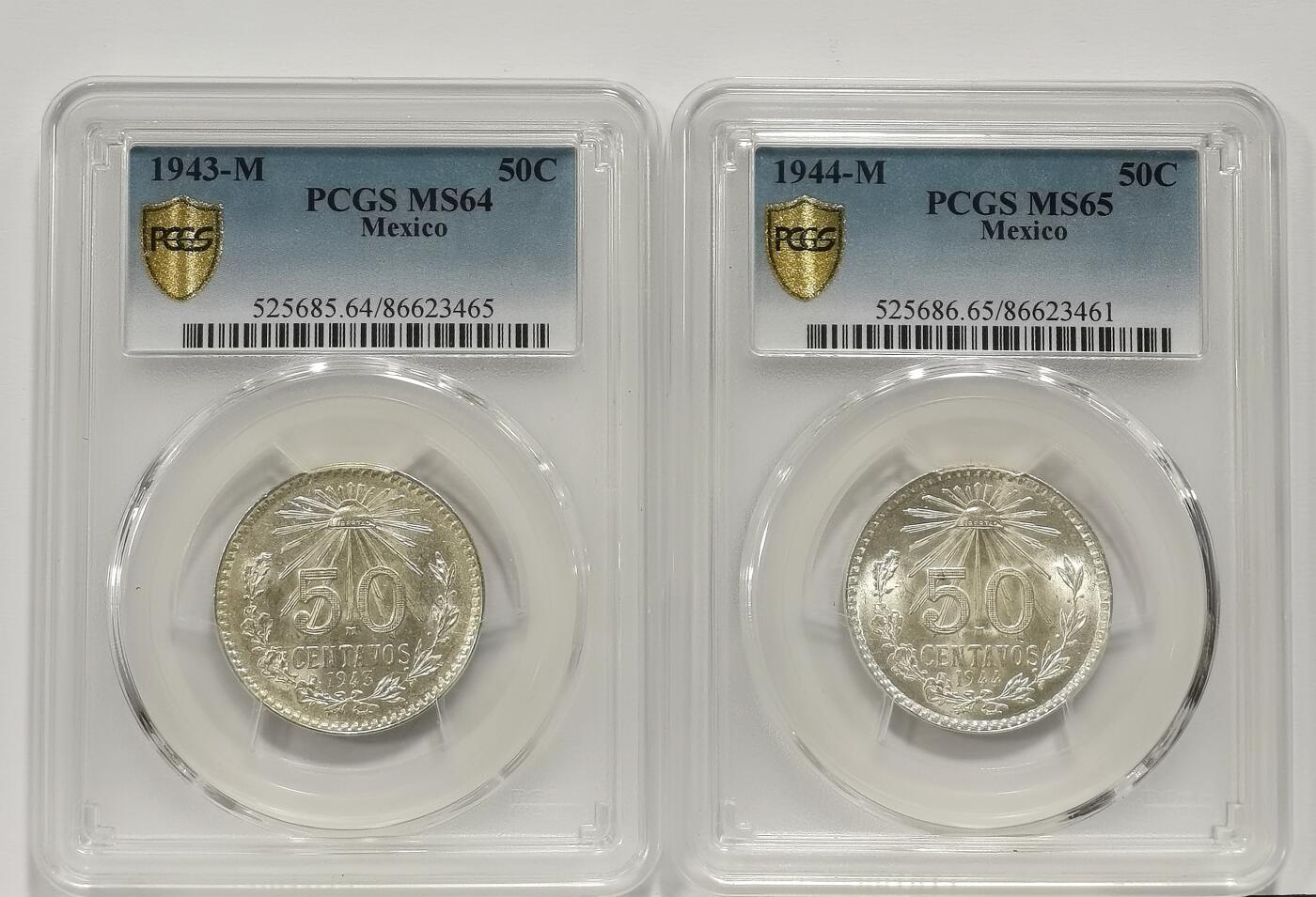 博洋堂世界钱币拍卖第168期（全场包邮） PCGS MS65/64 墨西哥1943、44年50分银币一组2枚 原光好品