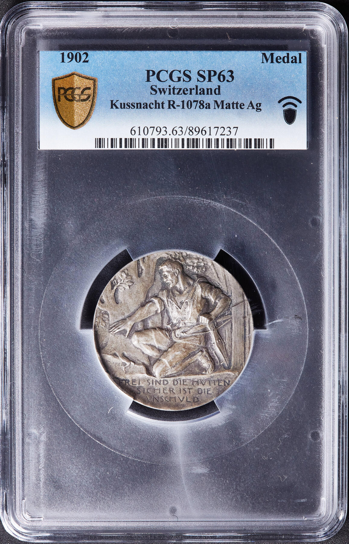 【俄甄集藏】满园春色-2026年(051)04-22星期三 晚 19:30 全场包邮 瑞士1902年纪念施维茨-屈斯纳赫特射击节大银章，PCGS SP63，黄油彩包浆，高浮雕，经典品种，直径：45mm