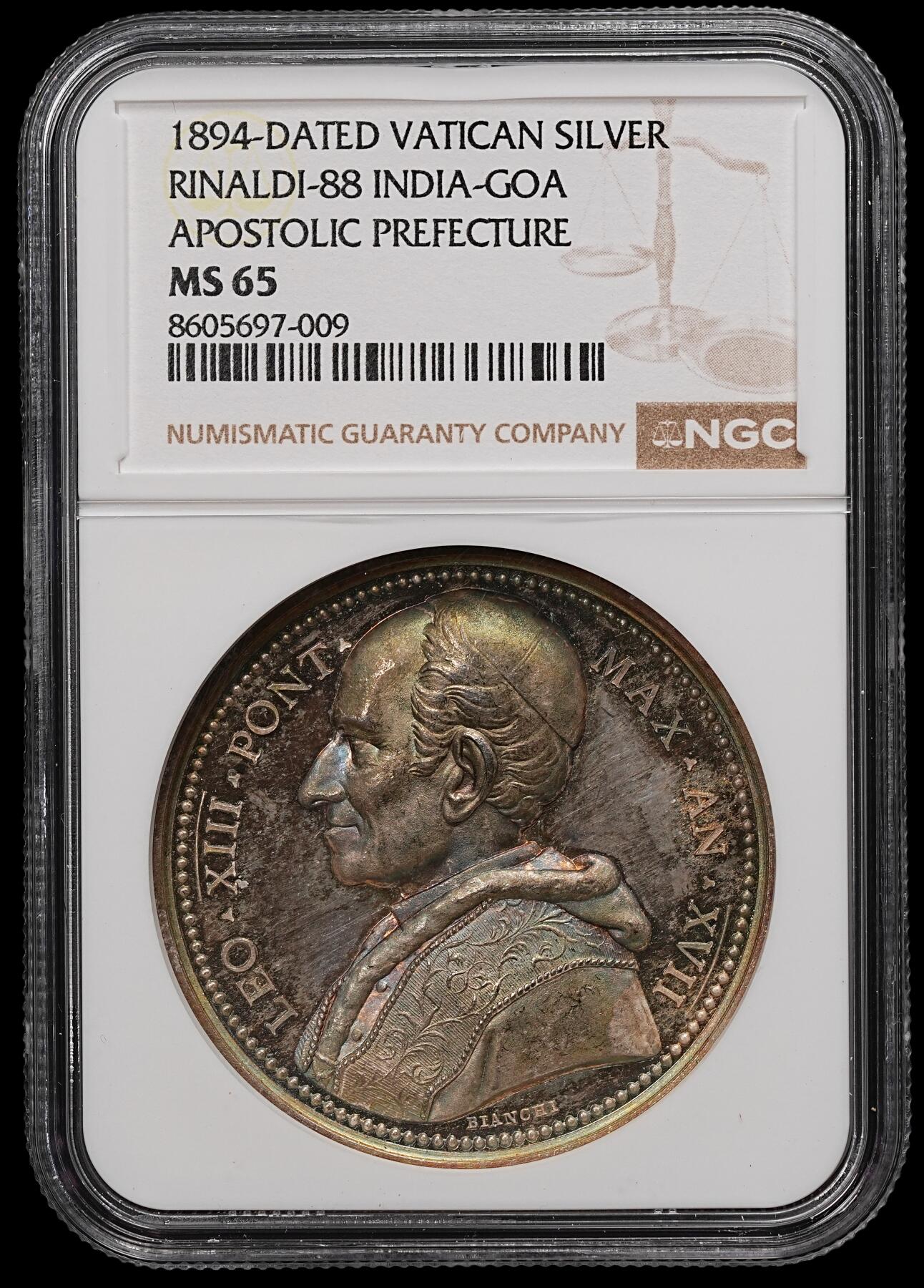 修遠堂世界钱币第111期 NGC MS65 1894 年梵蒂冈利奥十三世印度 - 果阿宗座监牧区纪念银章，幻彩味道一流
