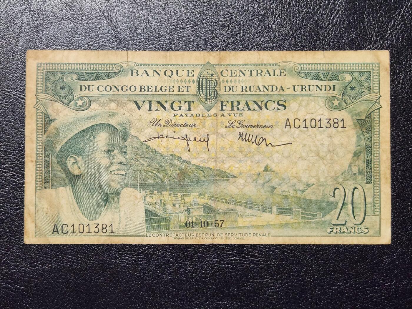 4月11号晚上8点 中外纸币自动截拍第55场 比属刚果1957年20法郎 原票美品