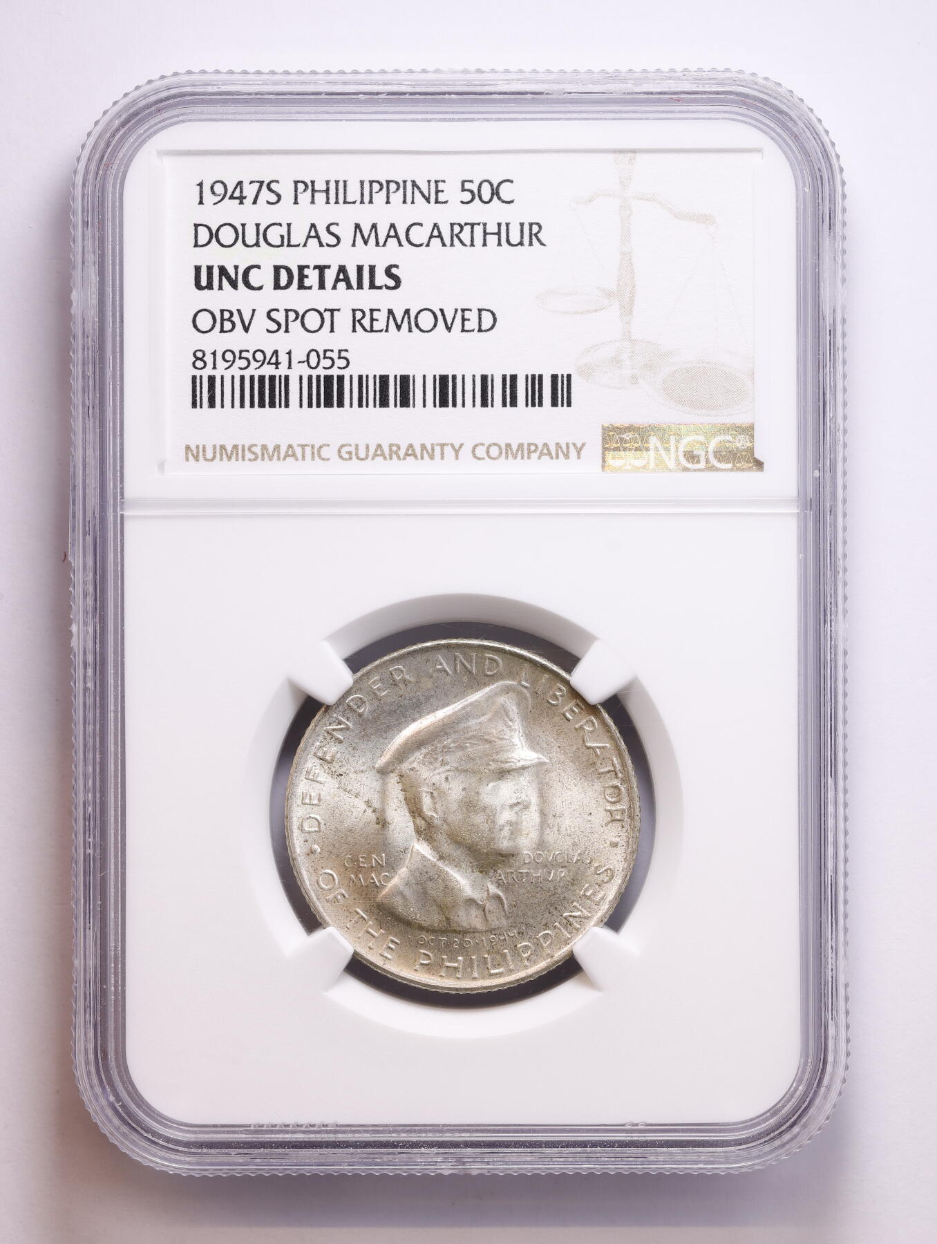 观钱 近现代机制币拍卖No.008（全场顺丰包邮，不区分偏远地区）  1947-S 菲律宾道格拉斯・麦克阿瑟 50 分银币 NGC UNC Details 1947-S 是麦克阿瑟 50 分银币的唯一发行年份，旧金山造币厂铸造