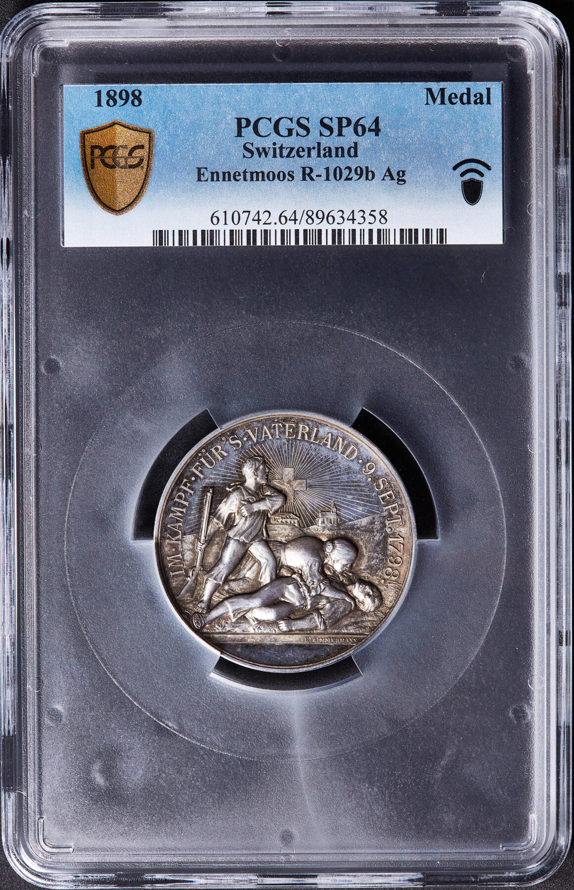 【俄甄集藏】满园春色-2026年(051)04-22星期三 晚 19:30 全场包邮 瑞士1898年纪念恩内特莫斯射击节大银章，PCGS SP64，黄油彩包浆，高浮雕，类精制底板，设计精美，稀少品种，直径：45mm