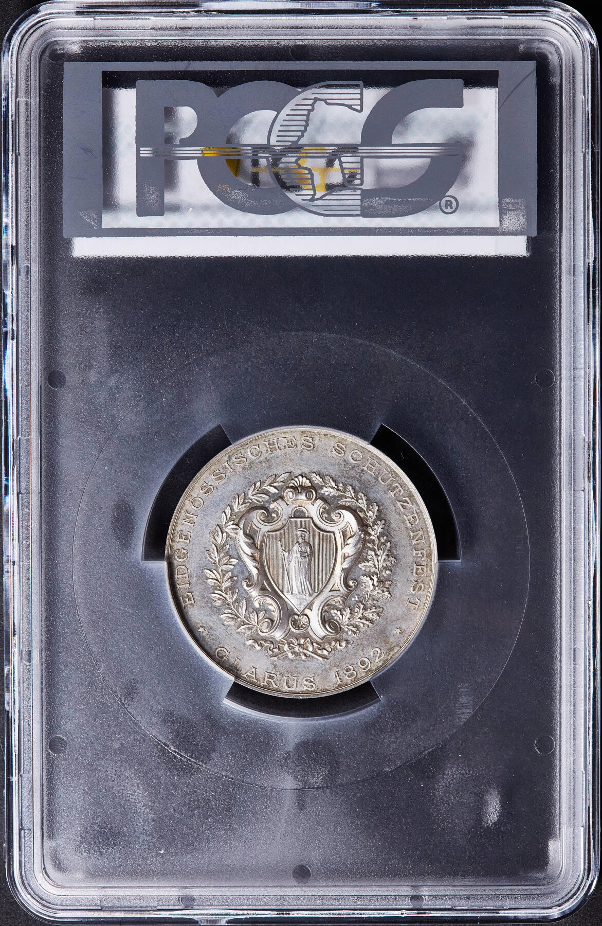 【俄甄集藏】满园春色-2026年(051)04-22星期三 晚 19:30 全场包邮 瑞士1892年纪念格拉鲁斯射击节大银章，PCGS SP63，黄油包浆，高浮雕，类精制底板，直径：45mm