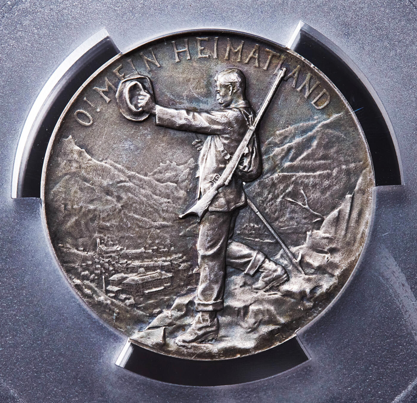 【俄甄集藏】满园春色-2026年(051)04-22星期三 晚 19:30 全场包邮 瑞士1899年纪念上瓦尔登-恩格尔贝格射击节大银章，PCGS SP63，五彩包浆，高浮雕，少见品种，直径：45mm