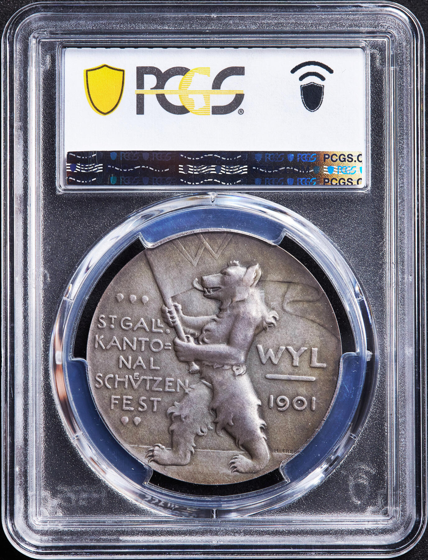 【俄甄集藏】满园春色-2026年(051)04-22星期三 晚 19:30 全场包邮 瑞士1901年纪念圣加伦射击节大银章，PCGS SP63，黄油彩老包浆，高浮雕，小熊，设计精美