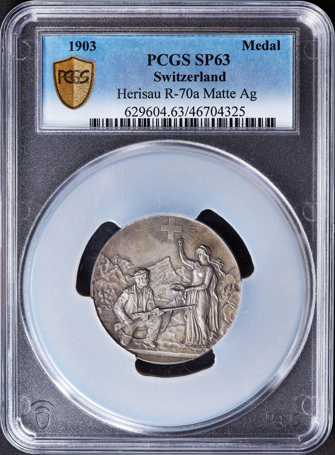【俄甄集藏】满园春色-2026年(051)04-22星期三 晚 19:30 全场包邮 瑞士1903年纪念赫里绍射击节大银章，PCGS SP63，黄油彩老包浆，稀少品种，正面为赫尔维蒂亚女神造像，设计精美，直径：45mm