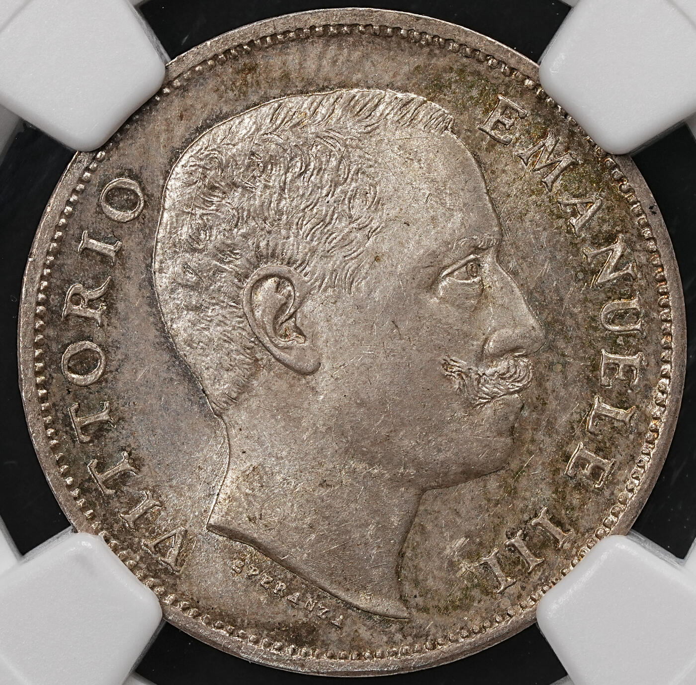 修遠堂世界钱币第111期 NGC MS63 1907年意大利1里拉银币，纸袋包浆