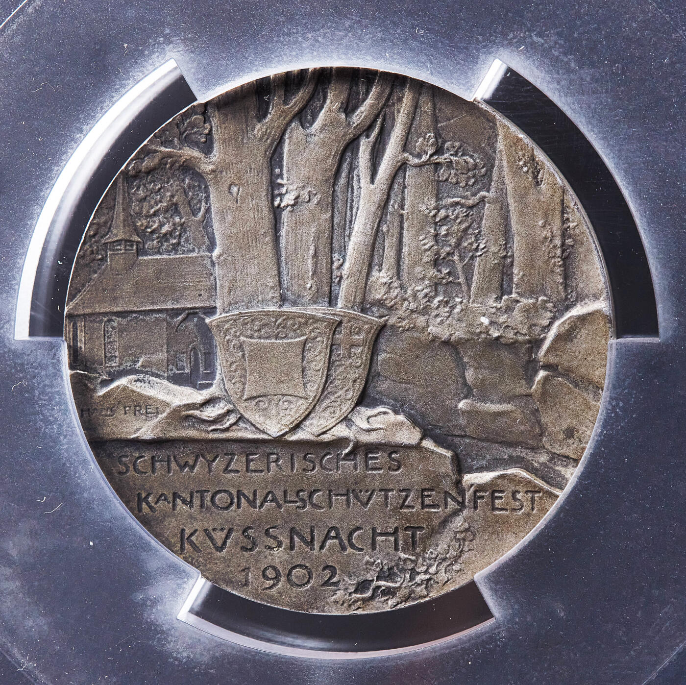 【俄甄集藏】满园春色-2026年(051)04-22星期三 晚 19:30 全场包邮 瑞士1902年纪念施维茨-屈斯纳赫特射击节大银章，PCGS SP63，黄油彩包浆，高浮雕，经典品种，直径：45mm