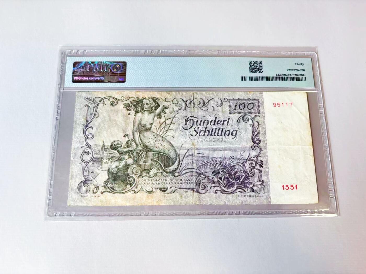 【Blue Auction】世界纸币精拍第808期——18级TOP拍卖/信誉/品质/专业/高效💫 奥地利 1949年100先令 美人鱼 PMG30