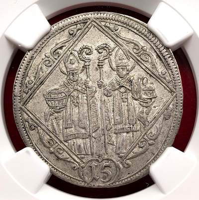 凡希社世界钱币微拍第三百二十二期 - 1694萨尔茨堡主教区双圣图15克鲁泽银币NGC-AU58，圣鲁珀特持盐桶，圣维吉尔持教堂模型，前者是萨尔茨堡的建造者，后者则是八世纪的重要主教，两人均为当地的守护圣徒，双圣是萨尔茨堡钱币的标志性元素。