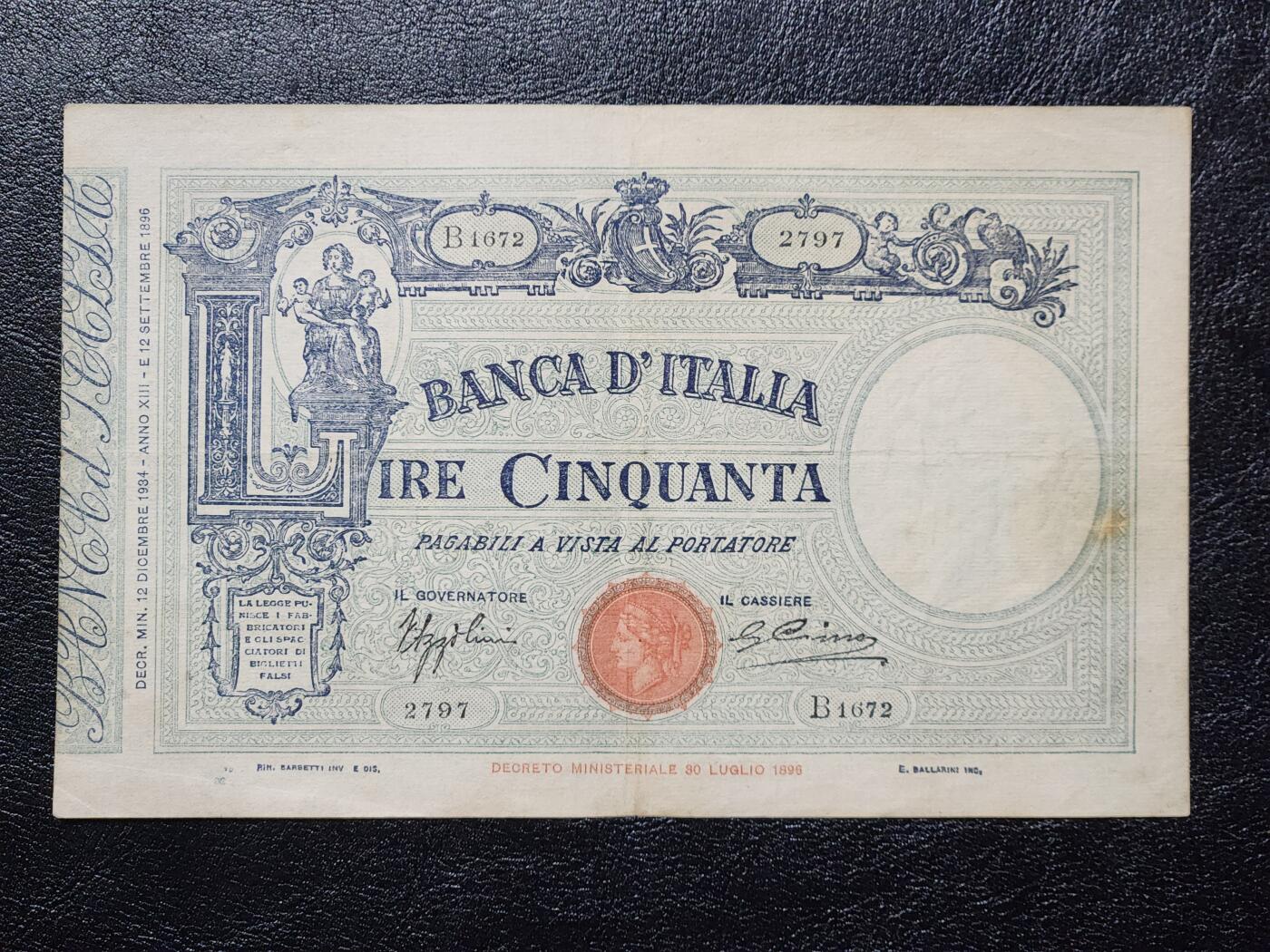 4月11号晚上8点 中外纸币自动截拍第55场 意大利1926年50原票第一版美品原票