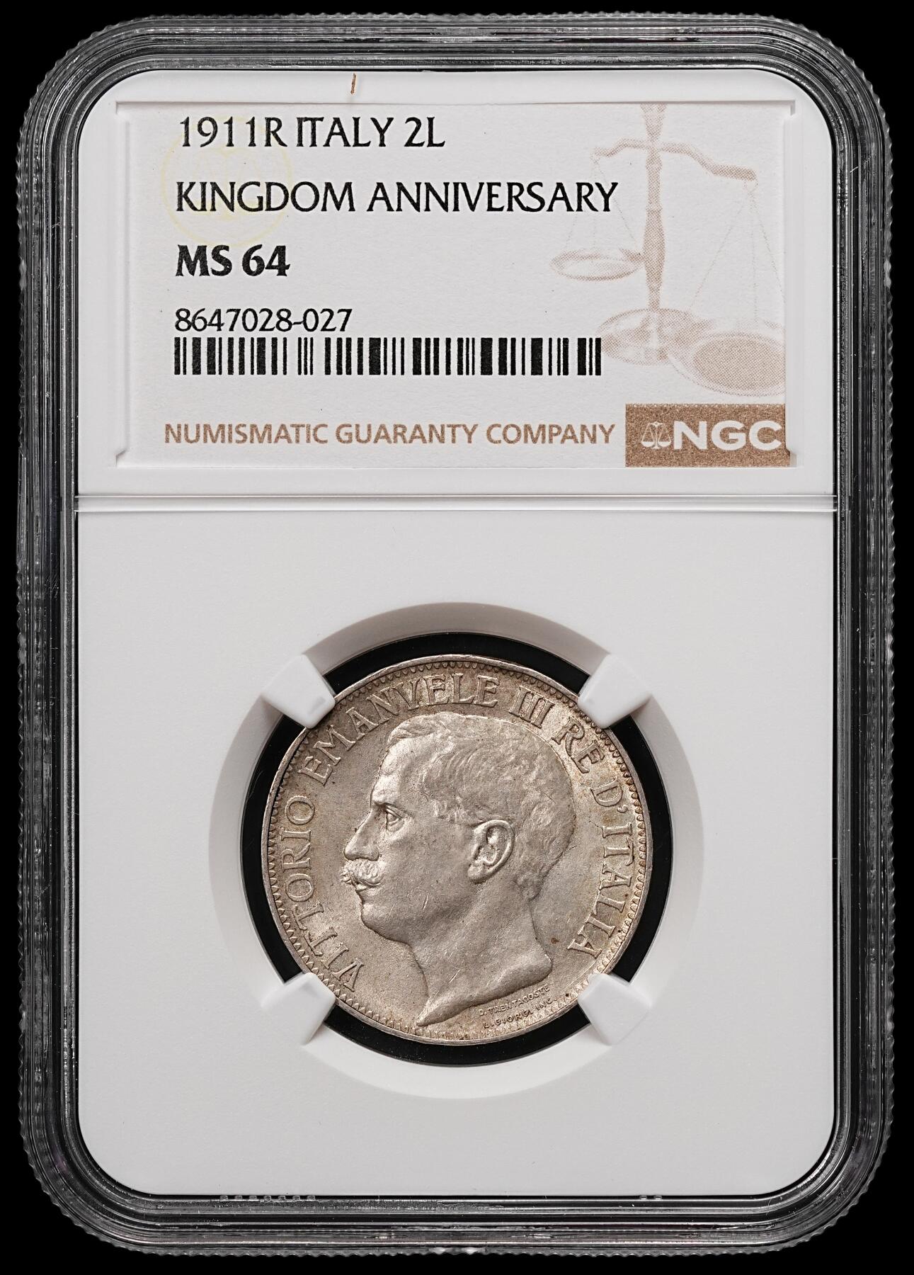 修遠堂世界钱币第111期 NGC MS64 1911年意大利建国50周年纪念2里拉银币，大名鼎鼎的托奶图案