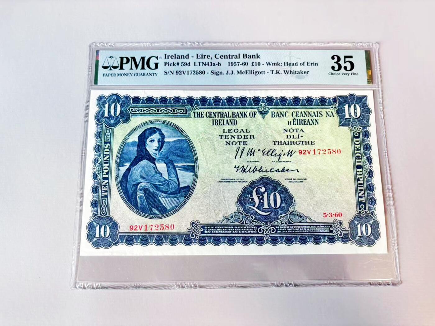 【Blue Auction】世界纸币精拍第808期——18级TOP拍卖/信誉/品质/专业/高效💫 爱尔兰 早期 1960年10镑 拉弗雷夫人 大票幅 PMG35