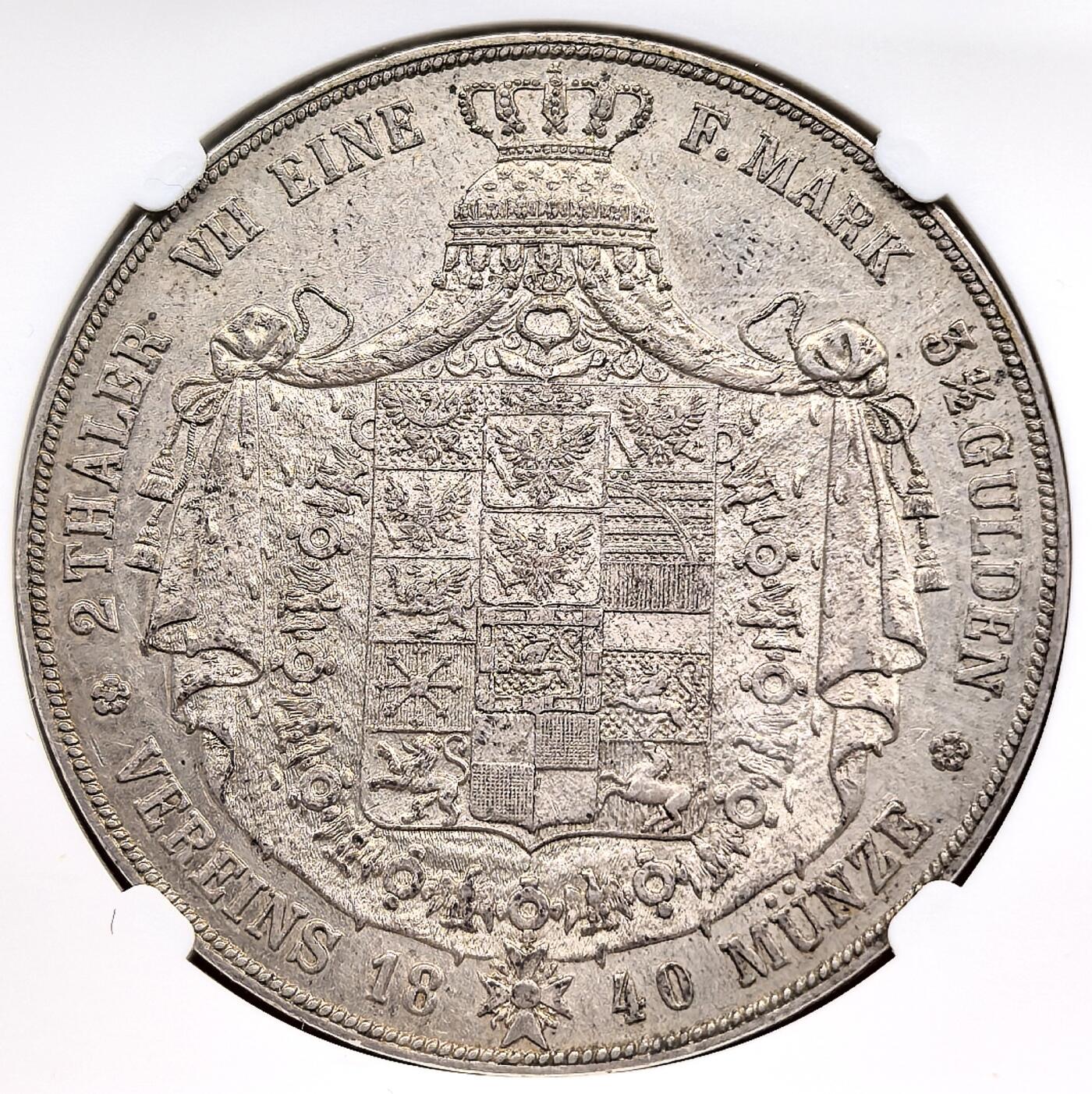 凡希社世界钱币微拍第三百二十二期 1840德国普鲁士威廉三世2泰勒大银NGC-AU55，1840年是弗里德里希·威廉三世在位的最后一年，铸造量仅50000枚，远低于前期的常规年份。（视频参考）