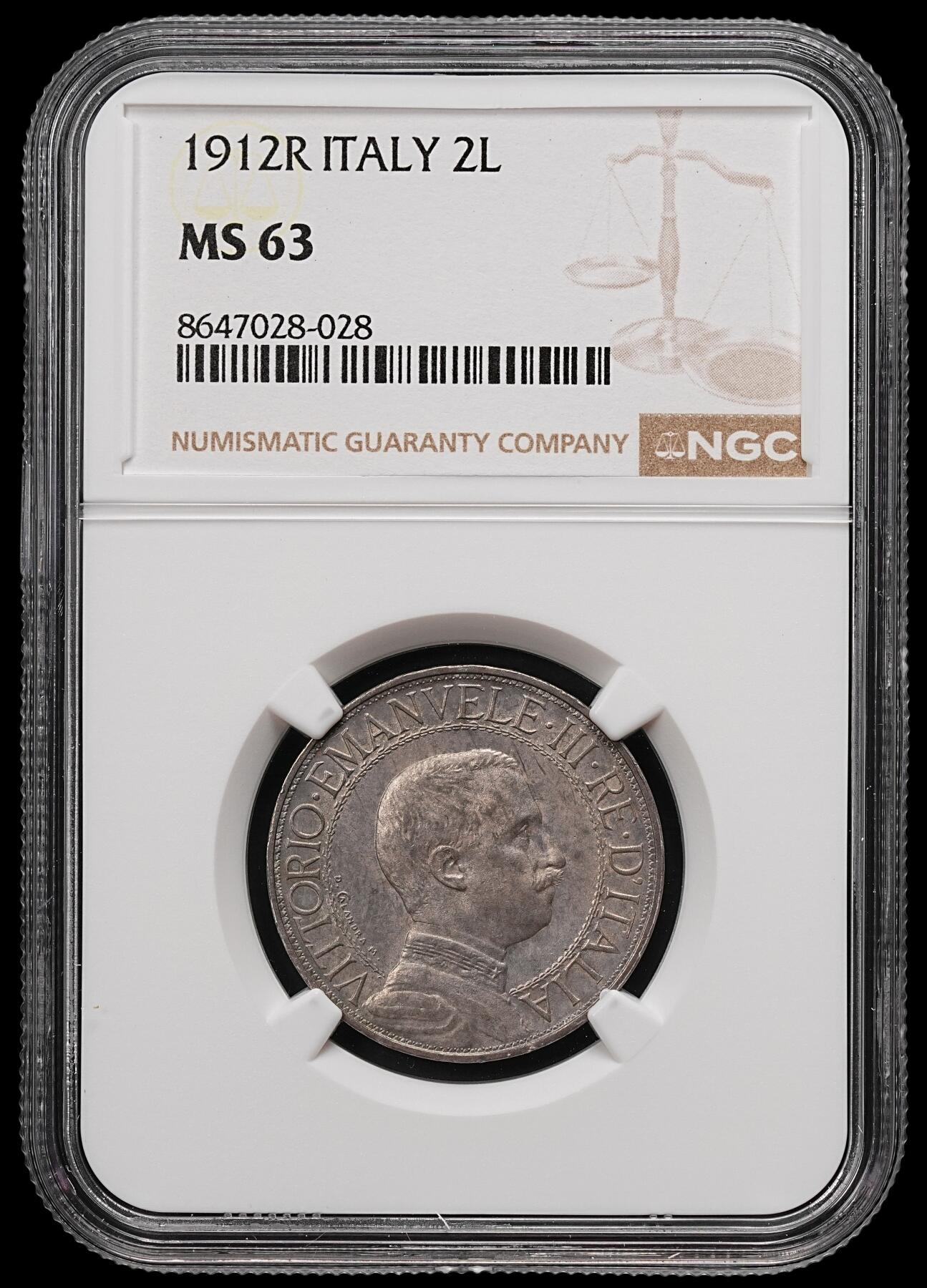 修遠堂世界钱币第111期 NGC MS63 1912年意大利圈版马车2里拉银币，少见品种，纸袋包浆
